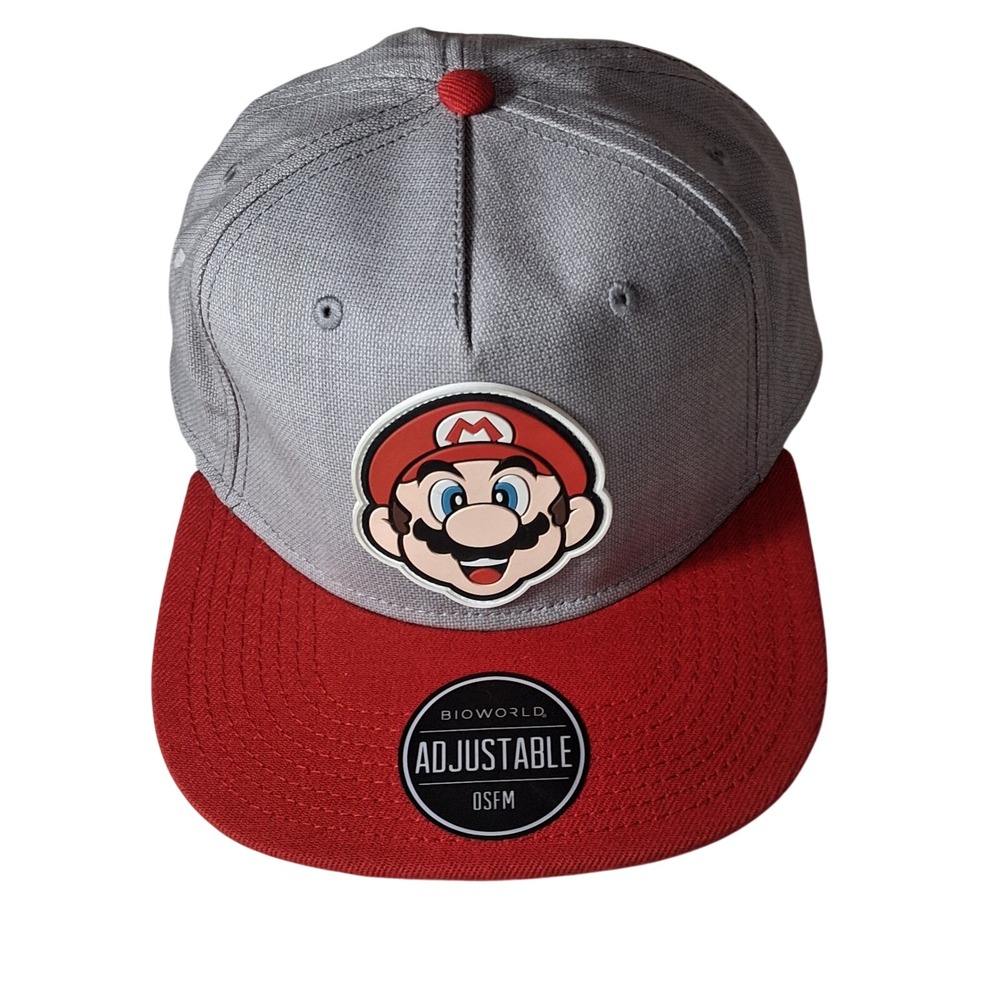 Nintendo Super Mario Bioworld Snapback Hat Grey Red Flat Brim Adjustable OSFM